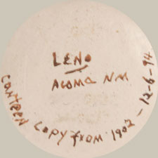 Juana Leno (1917-2000) Syo-ee-mee (Turquoise) signature.  She wrote on the underside “canteen copy from 1902 12-6-94.”