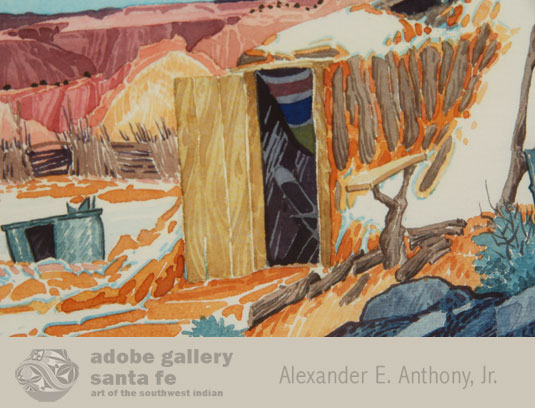 His colorful paintings often include a traditional Navajo home site, including a hogan and an outside ramada for shade. In most of his pieces is a small folding chair, popularly regarded as Baje's personal trademark. Can you find the chair?