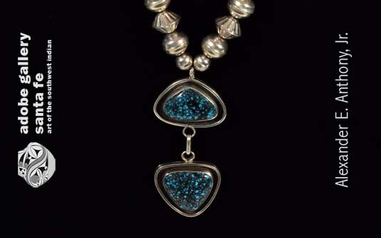 Close up view of the pendants with 27 carats of Lander Blue Turquoise.