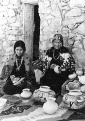 This image shows Nampeyo of Hano on the right with her daughter Fannie on the left - ca. 1930, courtesy of Rick Dillingham Fourteen Families In Pueblo Pottery.