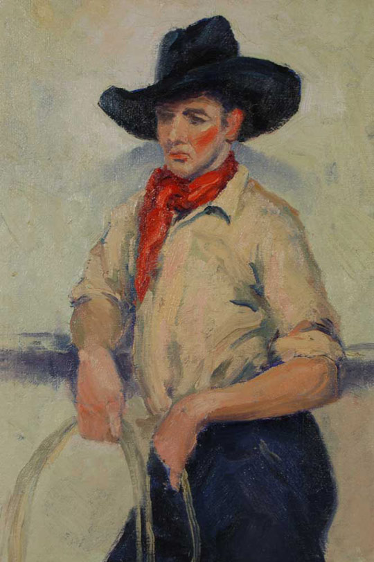 Occasionally, a painting of outstanding quality arrives at the gallery and we are unable to locate any biographical information on the artist. That is the case with this painting. The quality of the work is that of a trained exceptional artist, but he or she is not recorded in the literature. The texture of the applied oil paints and the shading achieved by the artist identify that this is not the work of an amateur, but that of a true artist. The artist captured the relaxed attitude of the subject as he leans on a wall waiting his turn to rope an animal, perhaps at a rodeo. The painting is signed in lower right. There is no date. It is framed in a vintage frame which might be original to the painting. The following is an excerpt sent to us regarding E. W. Sork. We are greatly indebted to this gentleman for his diligence in searching out who this artist was and then sharing the information with us: I own an original painting by the same artist E. W. Sork; it depicts rowboats on a lake or river. This was in my mother's family since least the 1940's; for the last year or so I've been trying to research information on this "unknown" artist. I could never find information showing their complete name so I recently thought to instead try several genealogy sites using their initials and last name. My mother's family lived in Philadelphia so it was a natural guess that the artist might have some association with Philly. Using the Mormon site www.familysearch.org I found a birth and death record for an Elsie W. Sork; her middle name was derived from her father Morris W. Wolpert. She was born in 1895, lived in Philadelphia, and died in the year 2000. Having found the artist's complete name I then found a record for the PA Museum and School of Industrial Art (in Philadelphia). Their website shows a commencement exercise that took place in June 1928 -- and lists the degrees and awards that were issued. Elise W. Sork's name is shown as a student in their Department of Art. I believe then that the artist's signature of E.W. Sork must have been by this woman Elsie W. Sork. The clues were her name, the fact that she was a resident of Philadelphia where my mother's family lived, the fact that she graduated from the PA Museum School of Art, and the date of her graduation. I have not been able to find information about her descendants but will possibly attempt to locate a family member who can 100% confirm this attribution.
