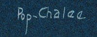 Pop Chalee, or Blue Flower, was born in 1908 in Castle Rock, Utah, of a Taos father and an East Indian Mother.  She spent most of her adult life away from Taos Pueblo, most of it in Santa Fe.  She long ago developed a unique style of painting which combines Asian and American Indian motifs. Accused of painting in the "Bambi Style" she explained that it was the other way around-[Walt] Disney Studios painted in her style.  At one time Walt Disney visited Santa Fe and unsuccessfully tried to recruit Indian painters to work in his studio. Before returning to California he purchased one of her forest scenes. It was her belief that one of her deer was the inspiration for Bambi. (Seymour 1988). Pop Chalee was known for her whimsical interpretations of animal and forest scenes executed in bold, bright colors. She studied in the 1930s at the Santa Fe Indian School under the tutelage of Dorothy Dunn, whose influence is quite apparent in her work as she created traditional two dimensional scenes of animals and everyday pueblo life. However, she veered away from Dunn's more conservative interpretations of Native life with her use of color and fairytale-like creatures.  She displayed extreme delicacy in drawing and a delightfully imaginative touch in her creations. Highly stylized, though much of her drawing is, charm remains in the exquisite touch of lacy tress and the filminess of horse's manes and tails.